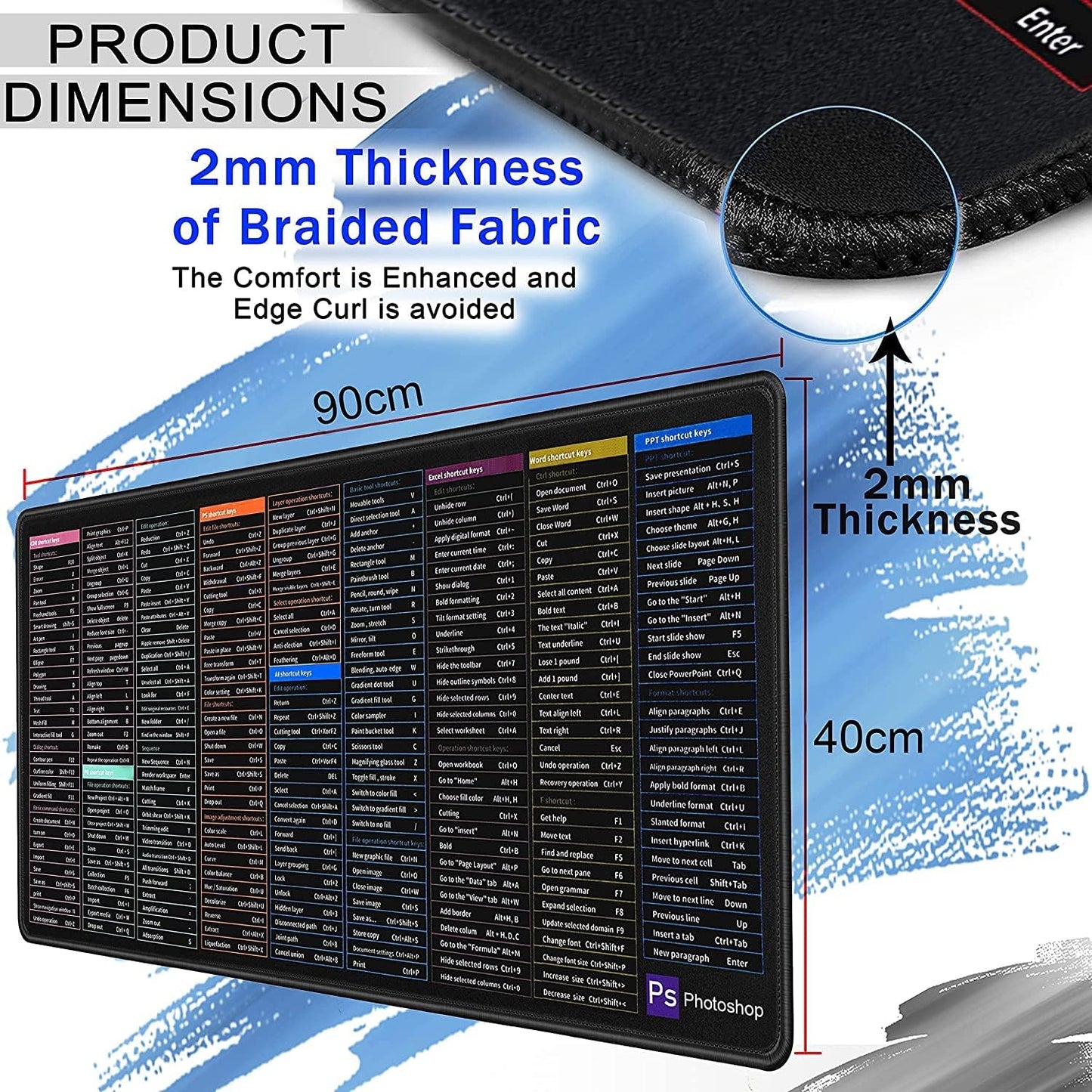 Anti-Slip Keyboard & Mouse Pad with Office Excel Software Shortcuts Key Patterns, Large Rubber Base Mice Smooth Cloth Desk Mat, Large Gaming Mouse Pad (80 x 30cm)