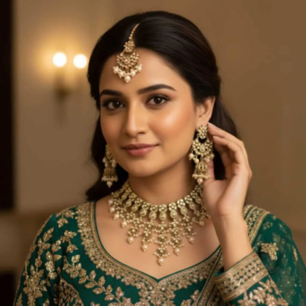 Gold Asian Jhumka Tikka Necklace Set | Desi Indian Gold Wedding Jewellery Set | Traditional Bridal Jewellery