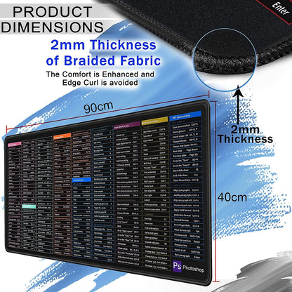 Anti-Slip Keyboard & Mouse Pad with Office Excel Software Shortcuts Key Patterns, Large Rubber Base Mice Smooth Cloth Desk Mat, Large Gaming Mouse Pad (80 x 30cm)