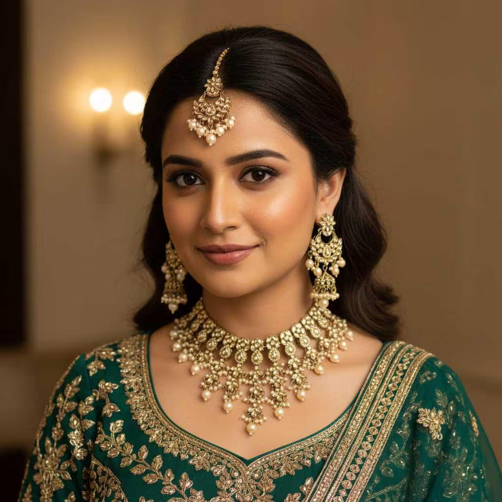 Gold Asian Jhumka Tikka Necklace Set | Desi Indian Gold Wedding Jewellery Set | Traditional Bridal Jewellery