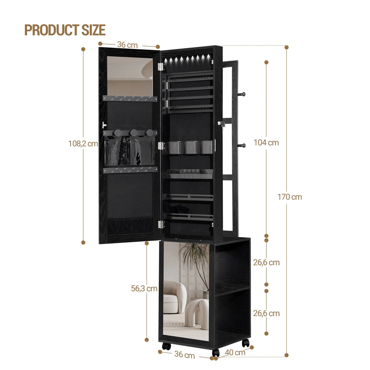Jewellery Cabinet, Mirror Cabinet, Standing Jewellery Organiser with 1 Clothes Rack, 3-Tier Shelves with 4 Coat Hooks