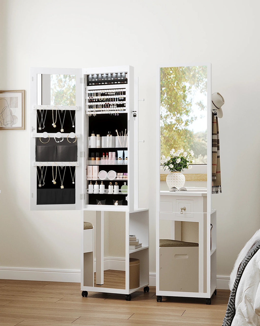 Jewellery Cabinet, Mirror Cabinet, Standing Jewellery Organiser with 1 Clothes Rack, 3-Tier Shelves with 4 Coat Hooks