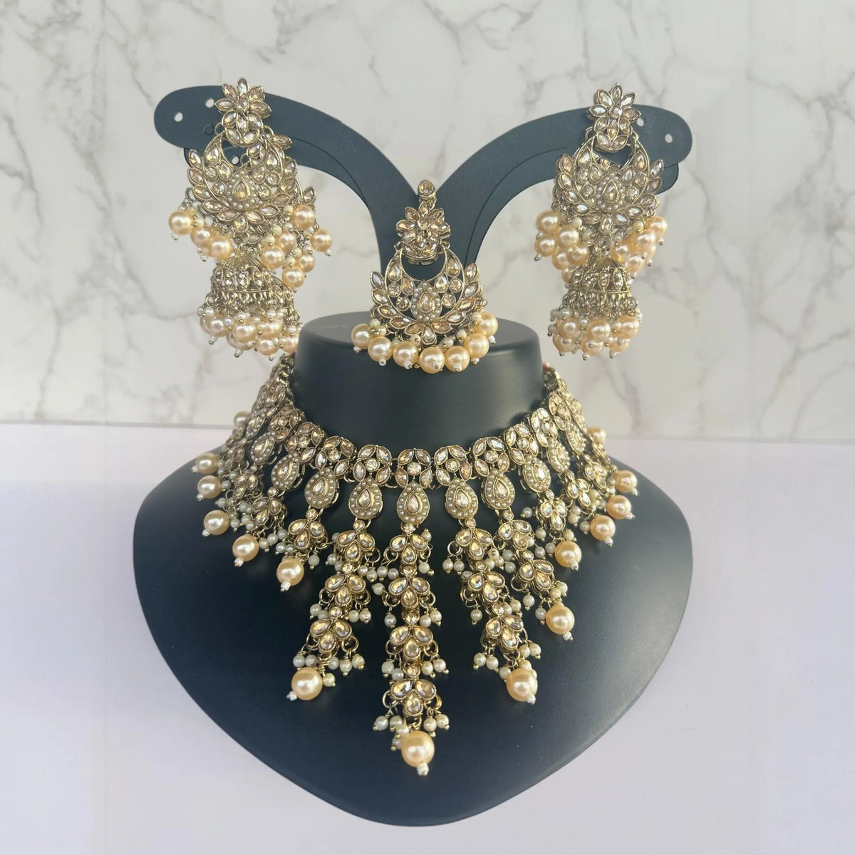 Gold Asian Jhumka Tikka Necklace Set | Desi Indian Gold Wedding Jewellery Set | Traditional Bridal Jewellery