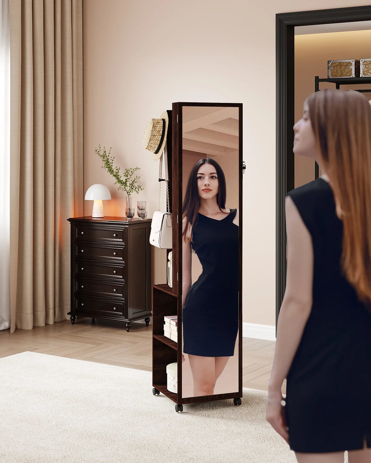 Jewellery Cabinet, Mirror Cabinet, Standing Jewellery Organiser with 1 Clothes Rack, 3-Tier Shelves with 4 Coat Hooks