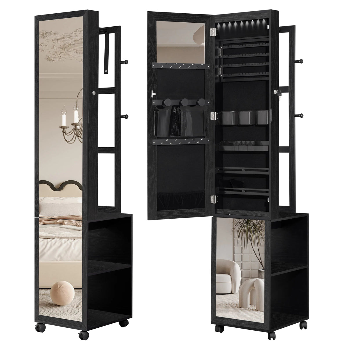 Jewellery Cabinet, Mirror Cabinet, Standing Jewellery Organiser with 1 Clothes Rack, 3-Tier Shelves with 4 Coat Hooks