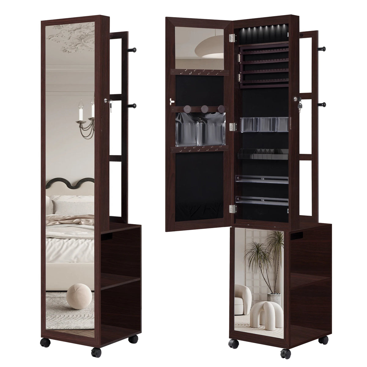 Jewellery Cabinet, Mirror Cabinet, Standing Jewellery Organiser with 1 Clothes Rack, 3-Tier Shelves with 4 Coat Hooks