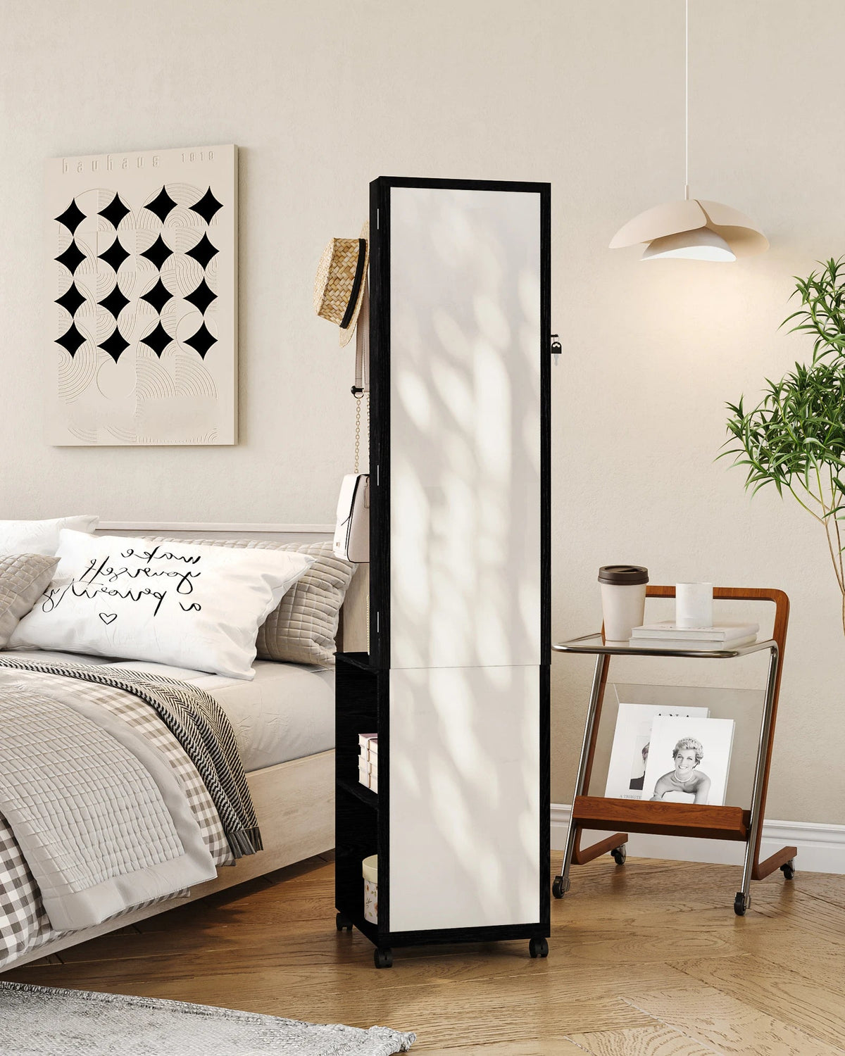 Jewellery Cabinet, Mirror Cabinet, Standing Jewellery Organiser with 1 Clothes Rack, 3-Tier Shelves with 4 Coat Hooks