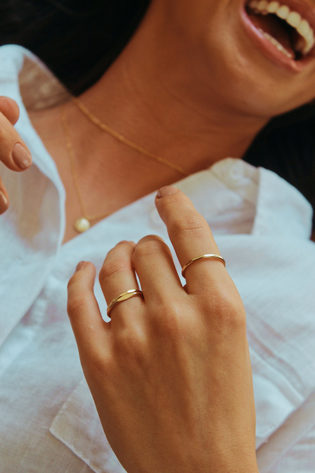 Gold Stacking Ring – Thin Dainty Hammered Band in 14K Gold
