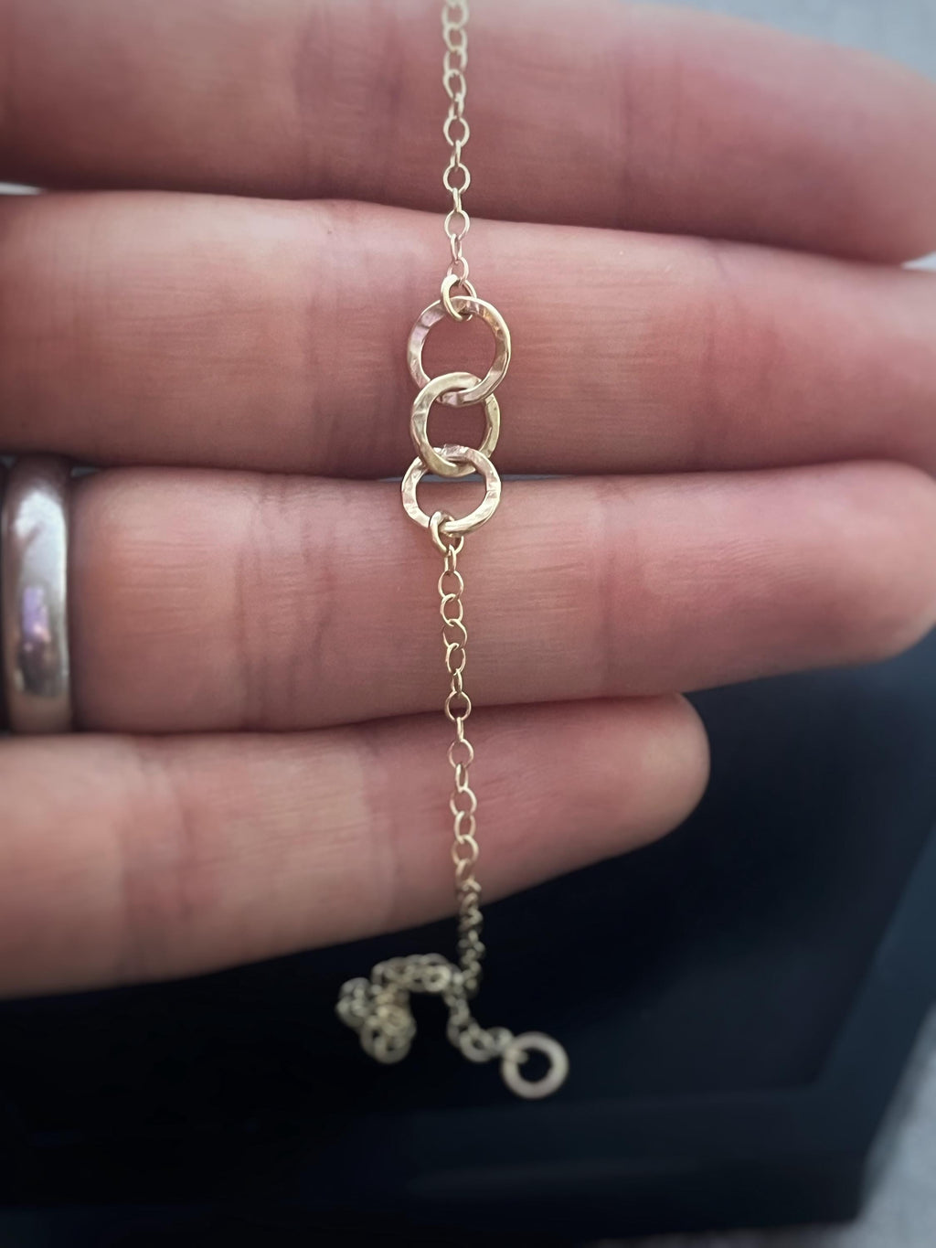 Hammered Solid Recycled Gold 3 Tiny Circle Hoop Bracelet: Delicate Interlocking Chain
